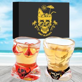 2 Pieces, Black Muscle Men's And Red Bikini Skull Style Glass Small Wine Glasses Bar Tools Christmas Gift, Halloween Gift, Birthday Gift, Company Part