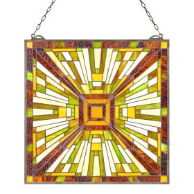 Stained Glass Tiffany Style Hanging Window Panel with Chain 20 x 21 Inches