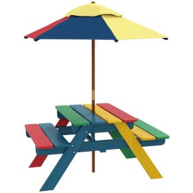 Outsunny Picnic Table with Bench, Kids Wooden Picnic Table Set with Removable Parasol, Robust Construction for Ages 3-6, Multicolor