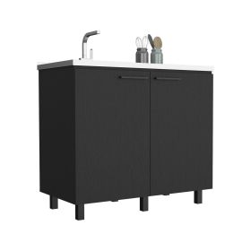 2 Freestanding Utility Base Cabinet with Stainless Steel Countertop and 2-Door, Black
