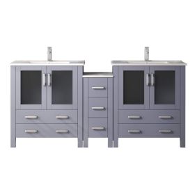 Dark Grey Double Bath Vanity 72 in. W x 18.25 in. D, with Side Cabinet, White Ceramic Top, and Faucet Set