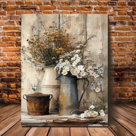 1 Piece Framed Wooden Canvas Painting, Rustic Wood Frame Canvas Art - Cream Yellow Wood Grain With White Jasmine Flowers With Rust Colored Watering Ca (Option: 12x8inch)