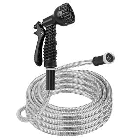 25FT-50FT-100FT Options -- 1Pc Heavy Duty Stainless Steel Garden Hose Garden Watering Kit Metal Water Hose With 2 Nozzles 12 Patterns Flexible Extenda (Option: 25FT)