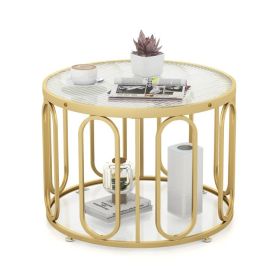 24 Inch Round Coffee Table with Reeded Tempered Glass Top and Oval Swivel Brackets (Color: golden)
