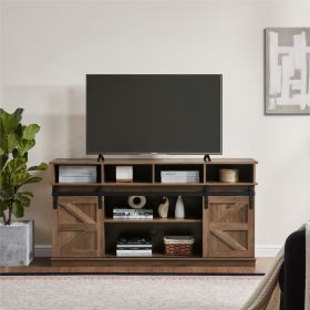 TV Stand Sliding Barn Door Modern&Farmhouse Wood Entertainment Center, Storage Cabinet Table Living Room with Adjustable Shelves for TVs Up to 65" (Main Color: Brown, Main Material: MDF+Metal)